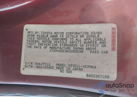 1989 Toyota Camry Le z USA, uszkodzony, nr VIN JT2VV22E6K0065099